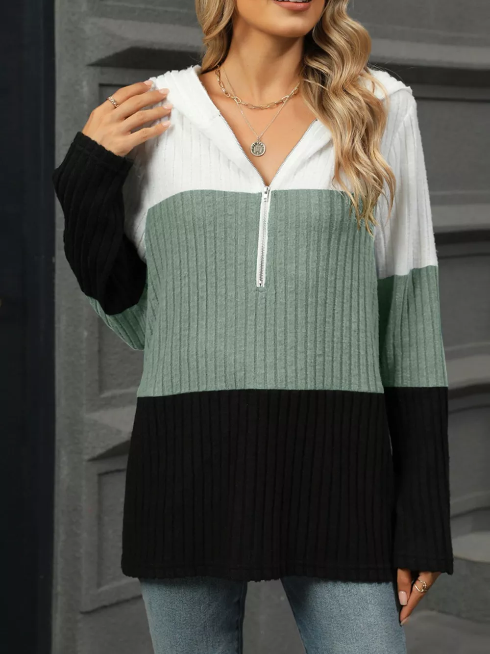 Color Block Half Zip Hooded Top, image 19