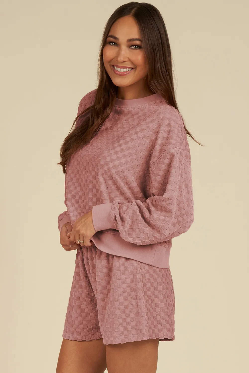 Round Neck Long Sleeve Checkered Top and Shorts Set, image 2
