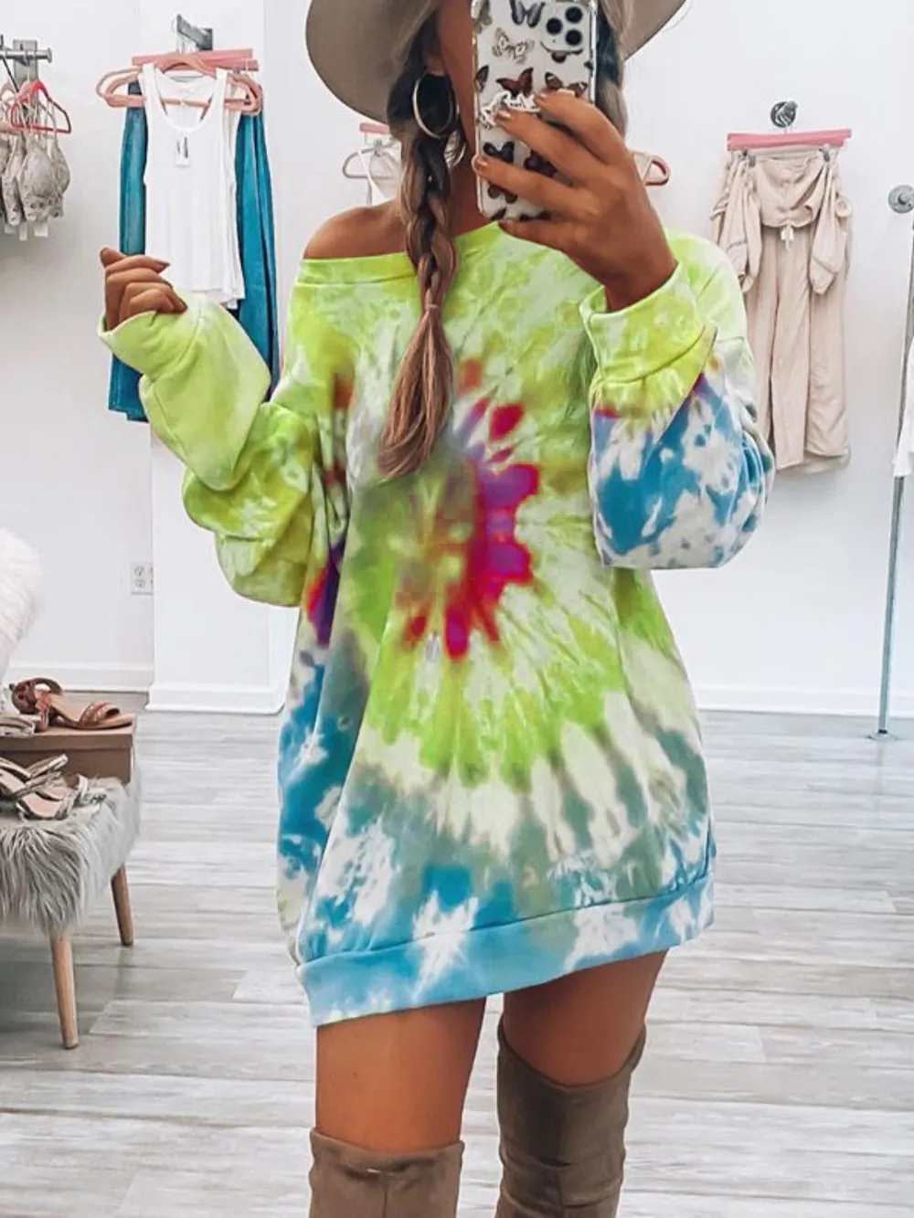 Full Size Tie-Dye Round Neck Long Sleeve Dress, image 6