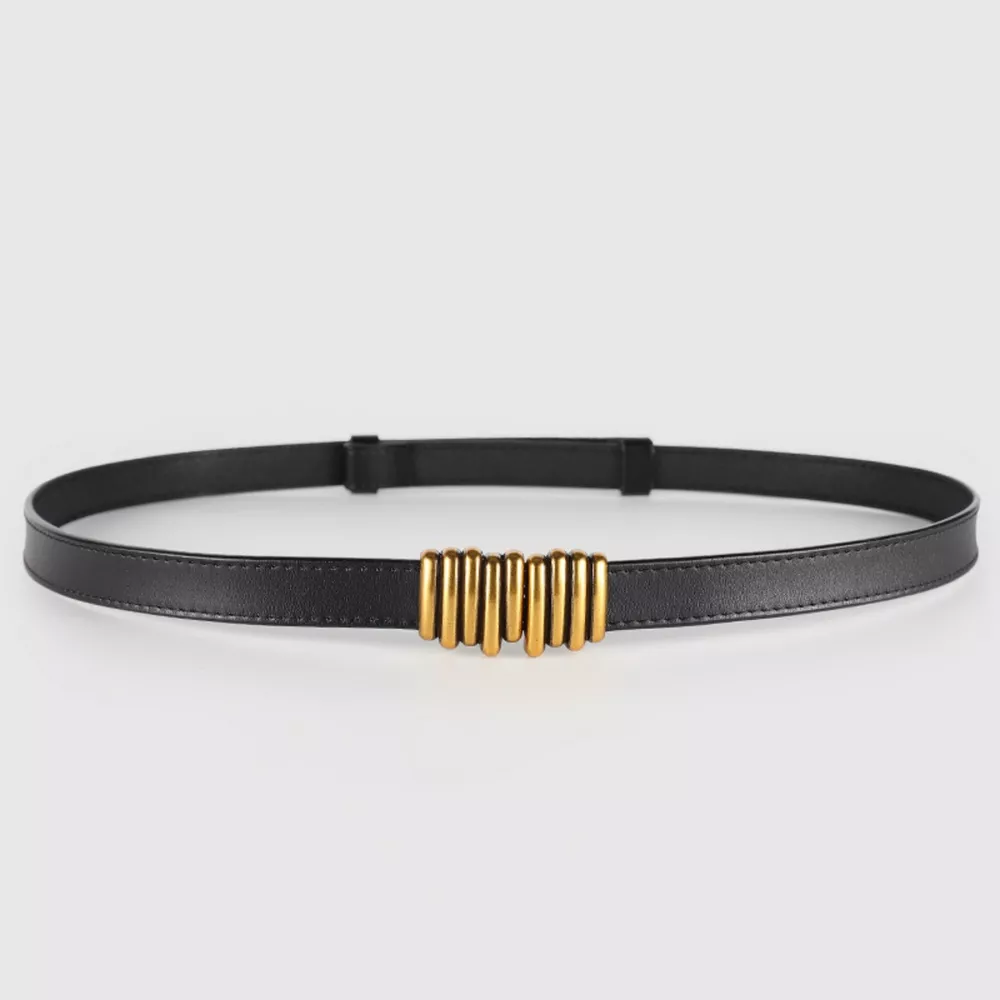 Skinny Leather Belt with Gold Buckle, image 2