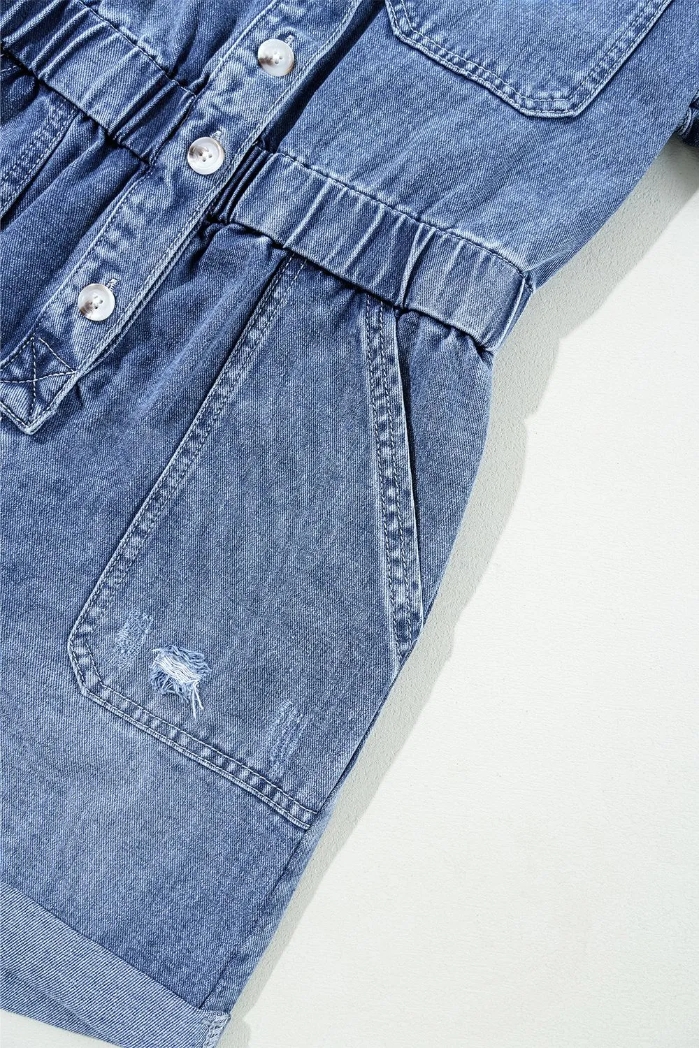 Chest Pocket Front Buttoned Folded Edge Denim Short Sleeve Romper, image 5