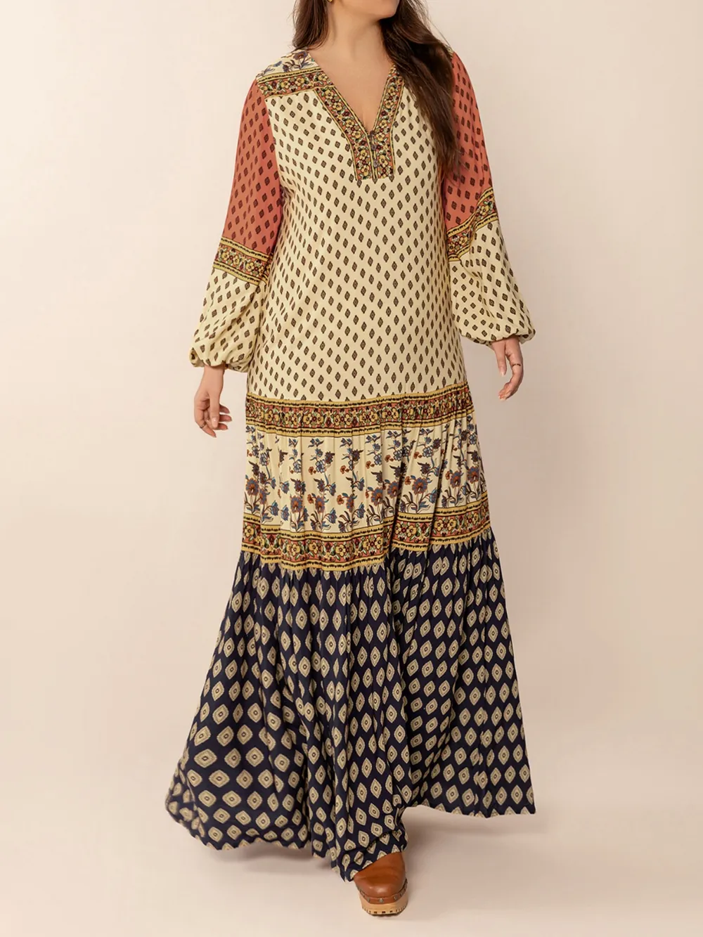 Printed V-Neck Balloon Sleeve Maxi Dress