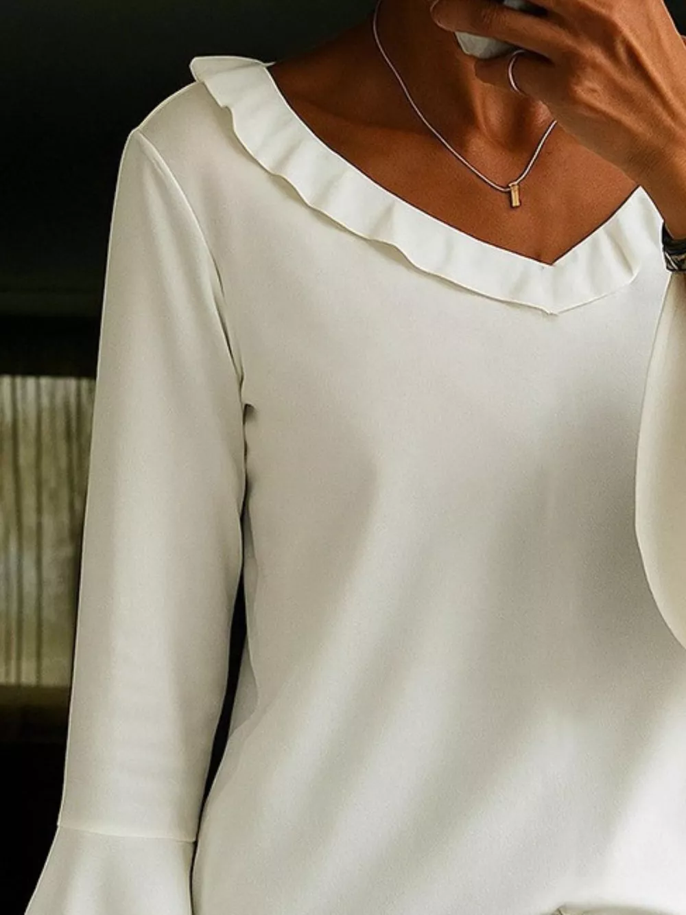 Ruffle V-Neck Bell Sleeve Blouse, image 3