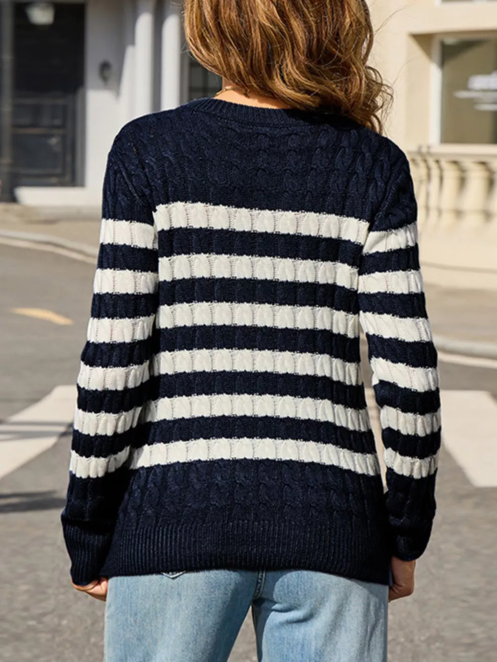 Striped Cable Knit Round Neck Sweater, image 9