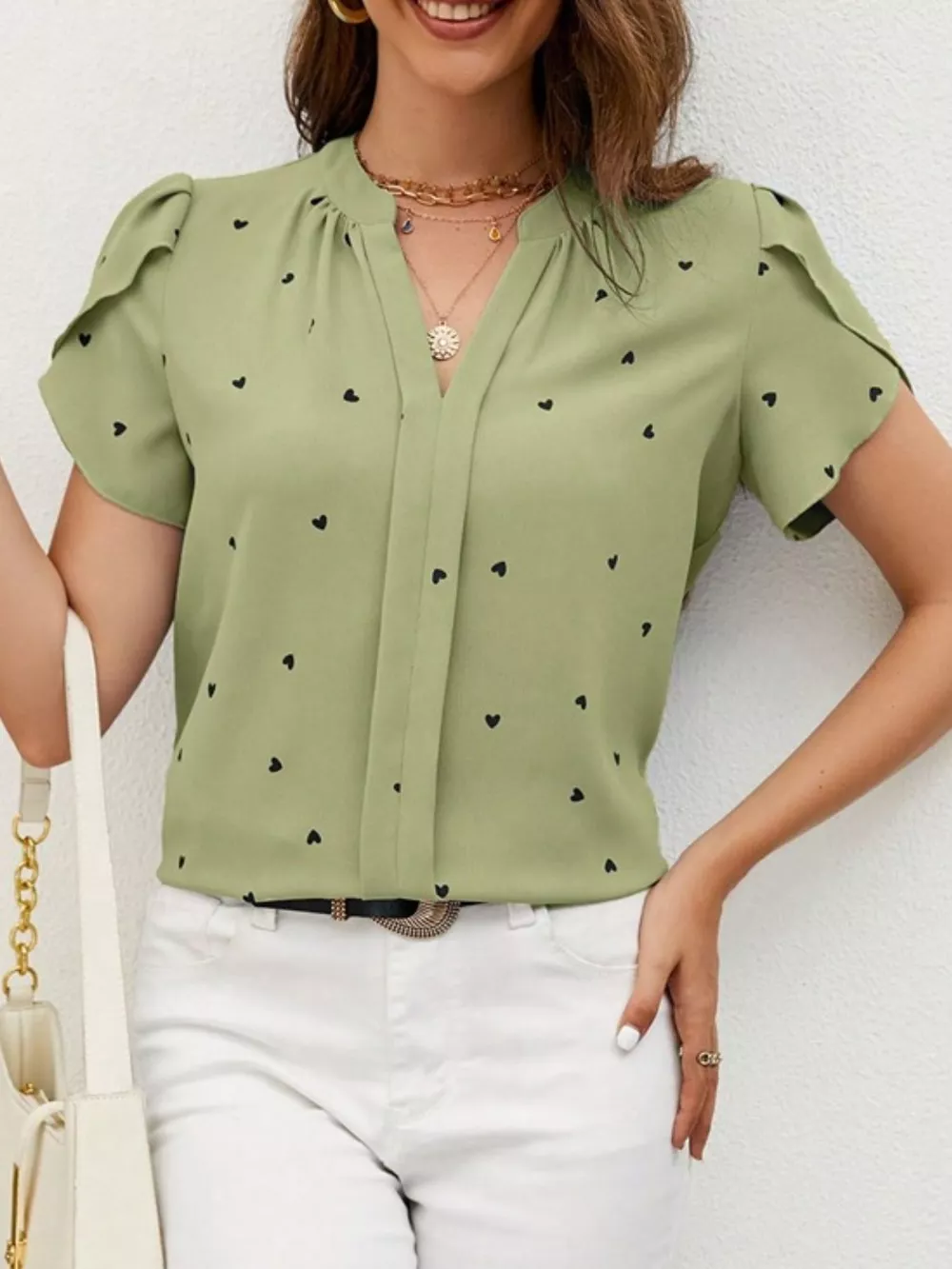 Heart Print Petal Sleeve Blouse, image 10