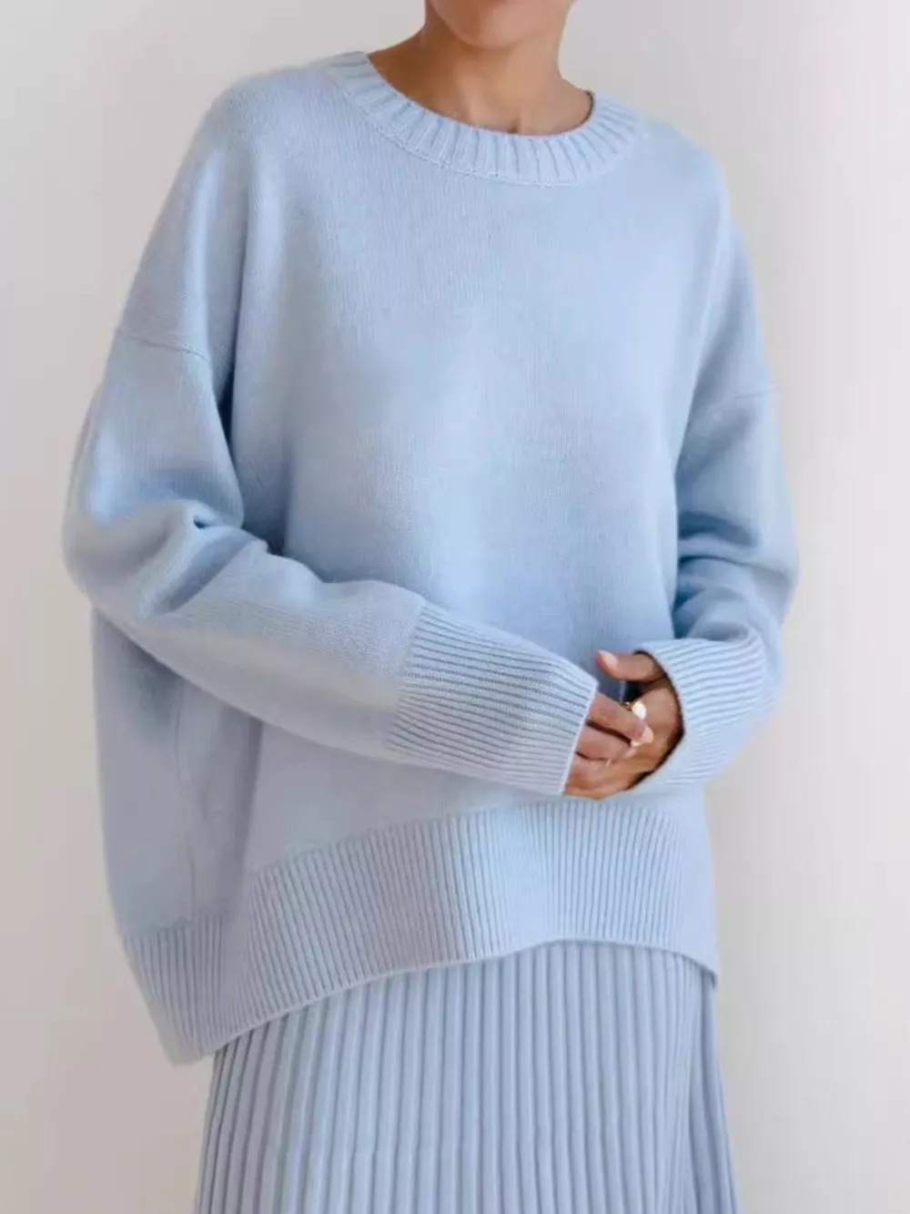 Ribbed Hem Round Neck Sweater, image 8