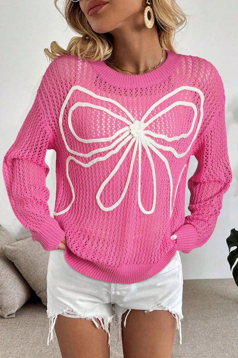 Bow Openwork Round Neck Knit Cover Up, image 3