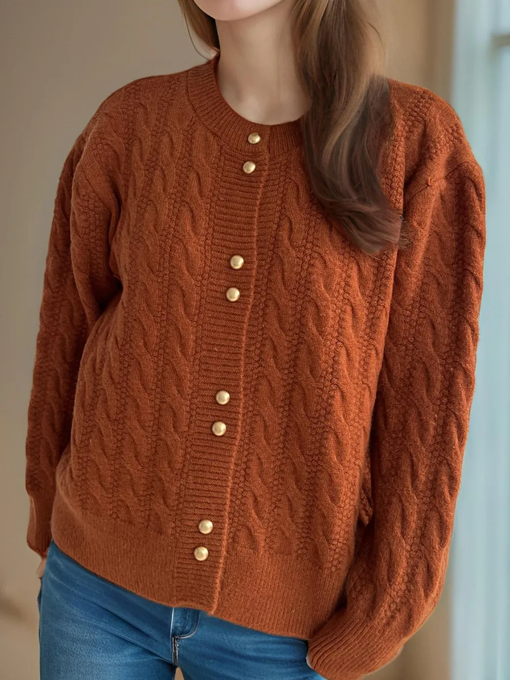 Cable-Knit Round Neck Long Sleeve Cardigan, image 17