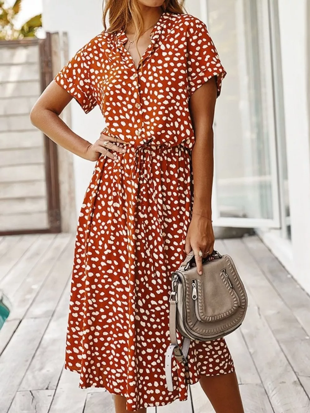 Animal Print Drawstring Waist Midi Dress, image 12