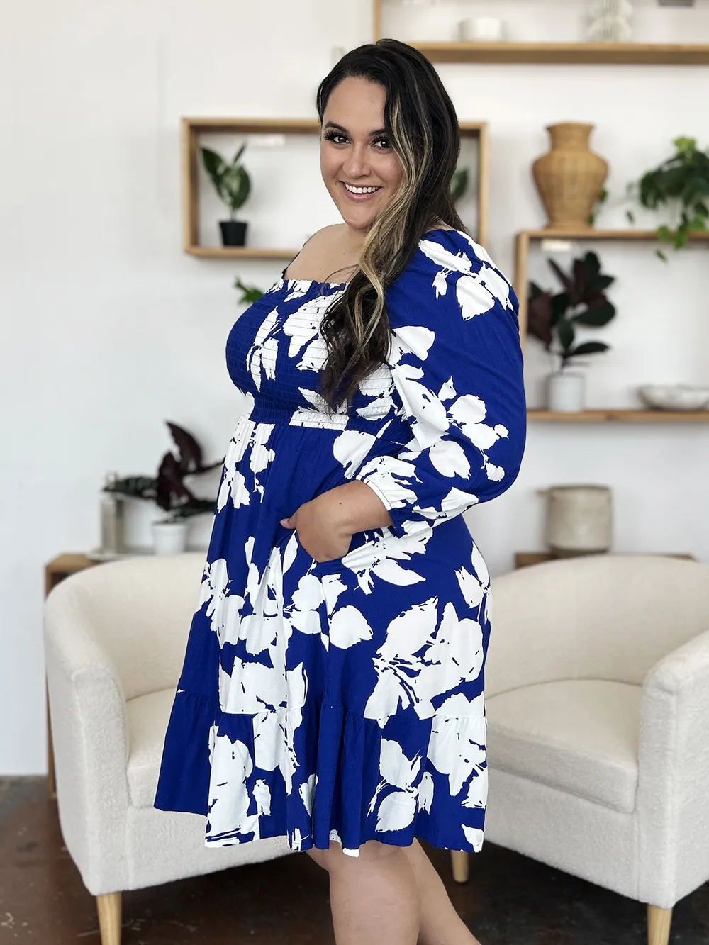 Full Size Floral Ruffle Hem Smocked Dress with Pockets, image 5