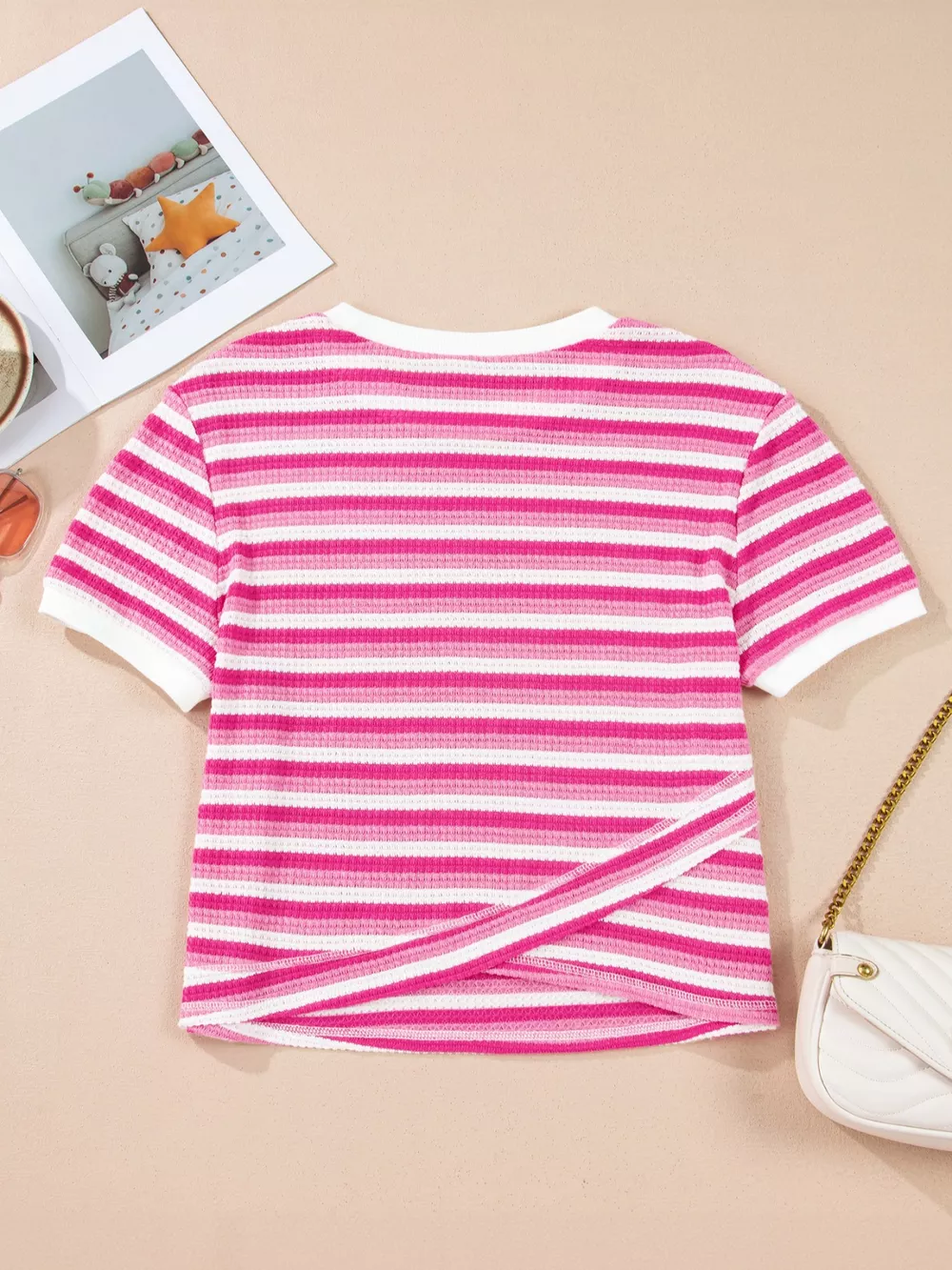 Textured Knit Short Sleeve Crossed Detail Tee, image 5