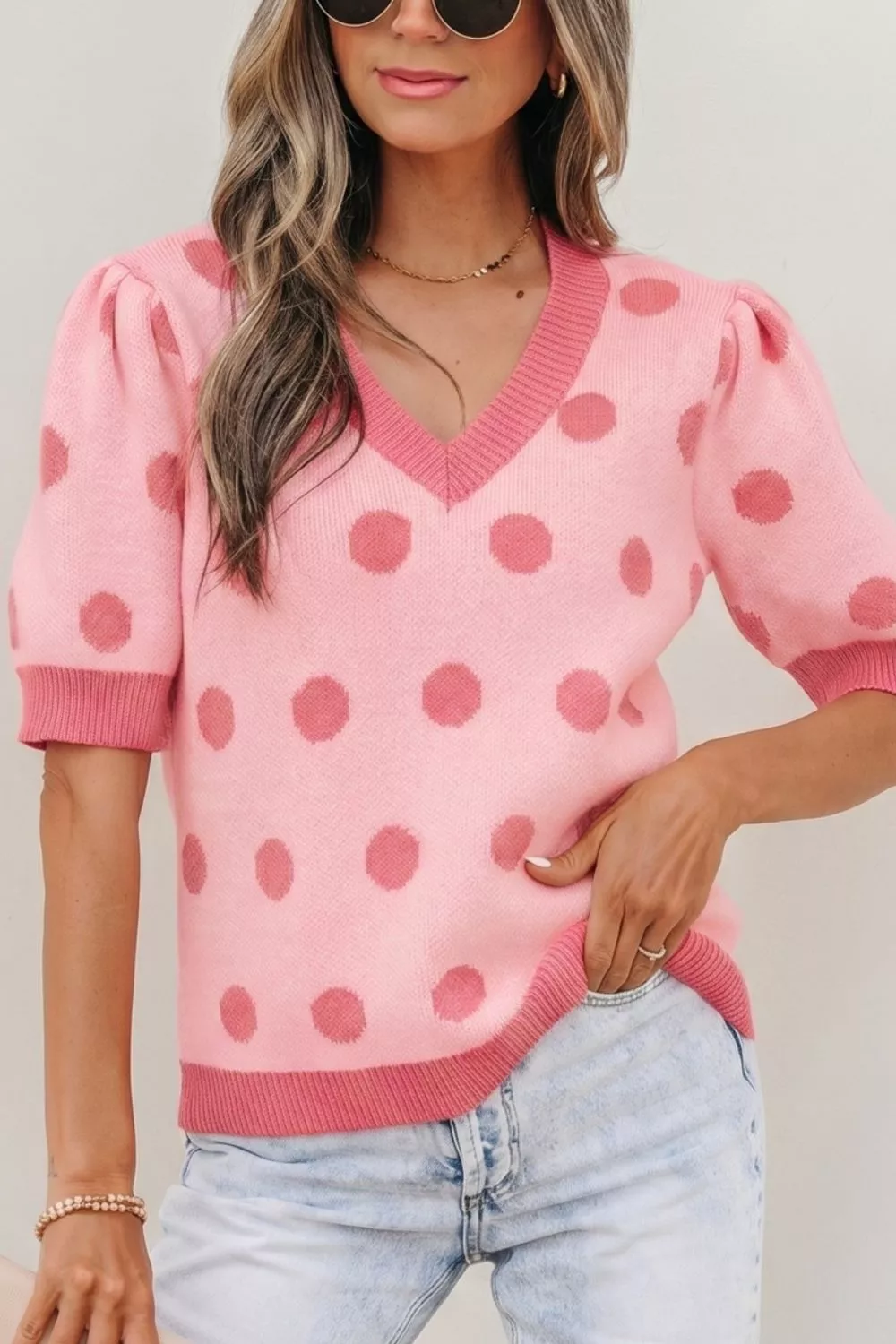 Polka Dot Puff Short Sleeve Sweater Top, image 4