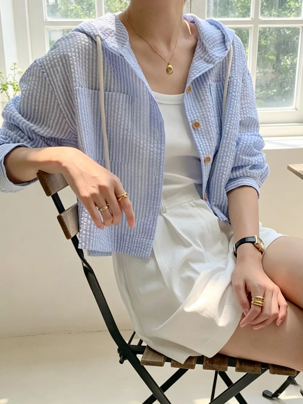 Striped Hooded Shirt with Drawstring Detail, image 5
