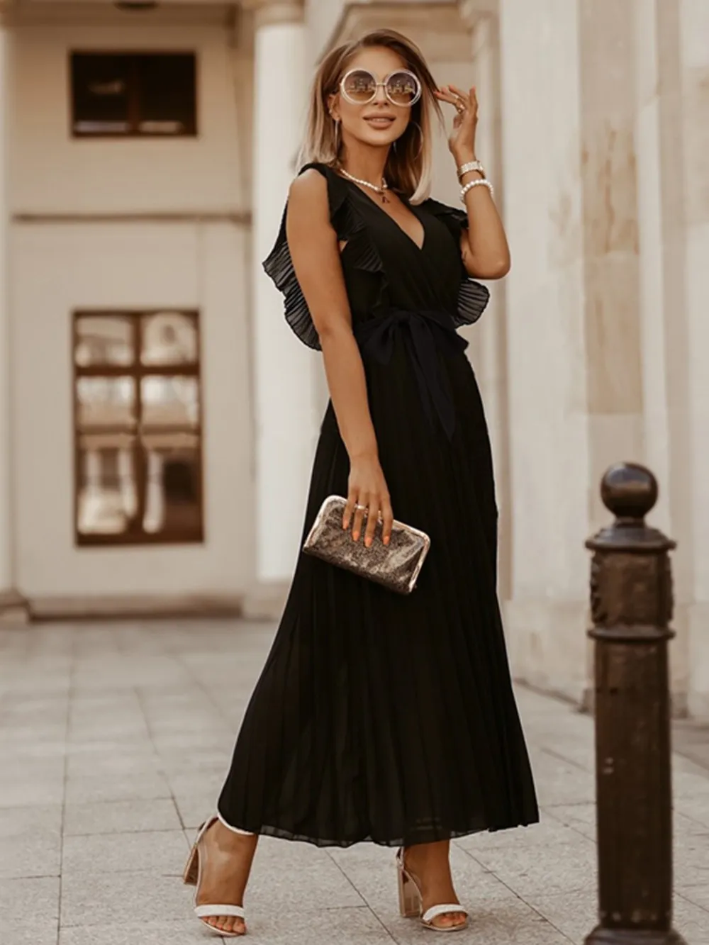 Tied Surplice Cap Sleeve Pleated Dress, image 12