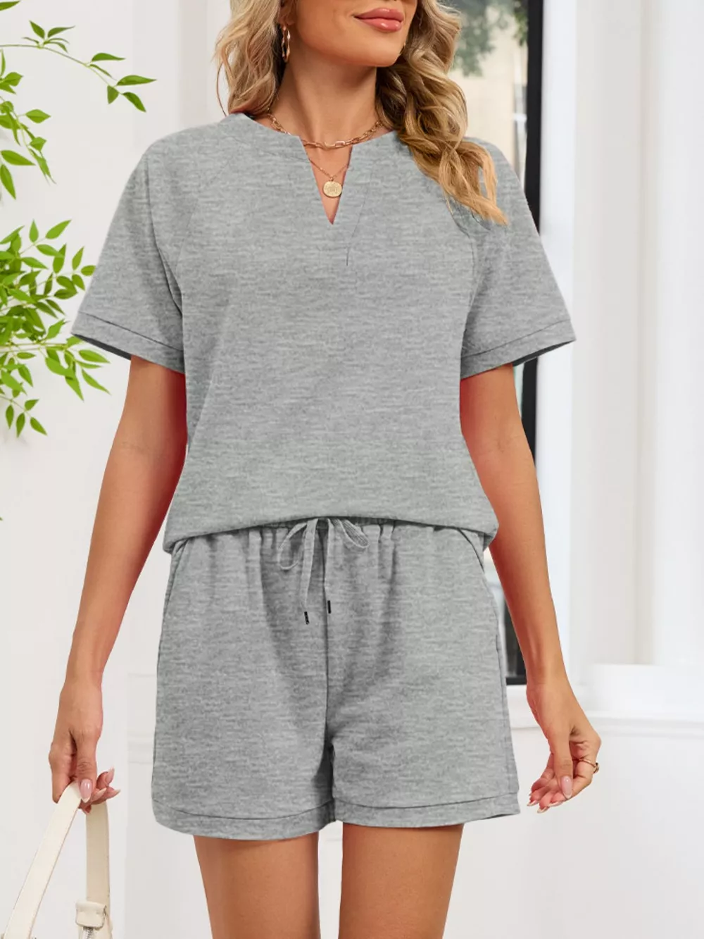 Notched Short Sleeve Top and Shorts Set, image 6