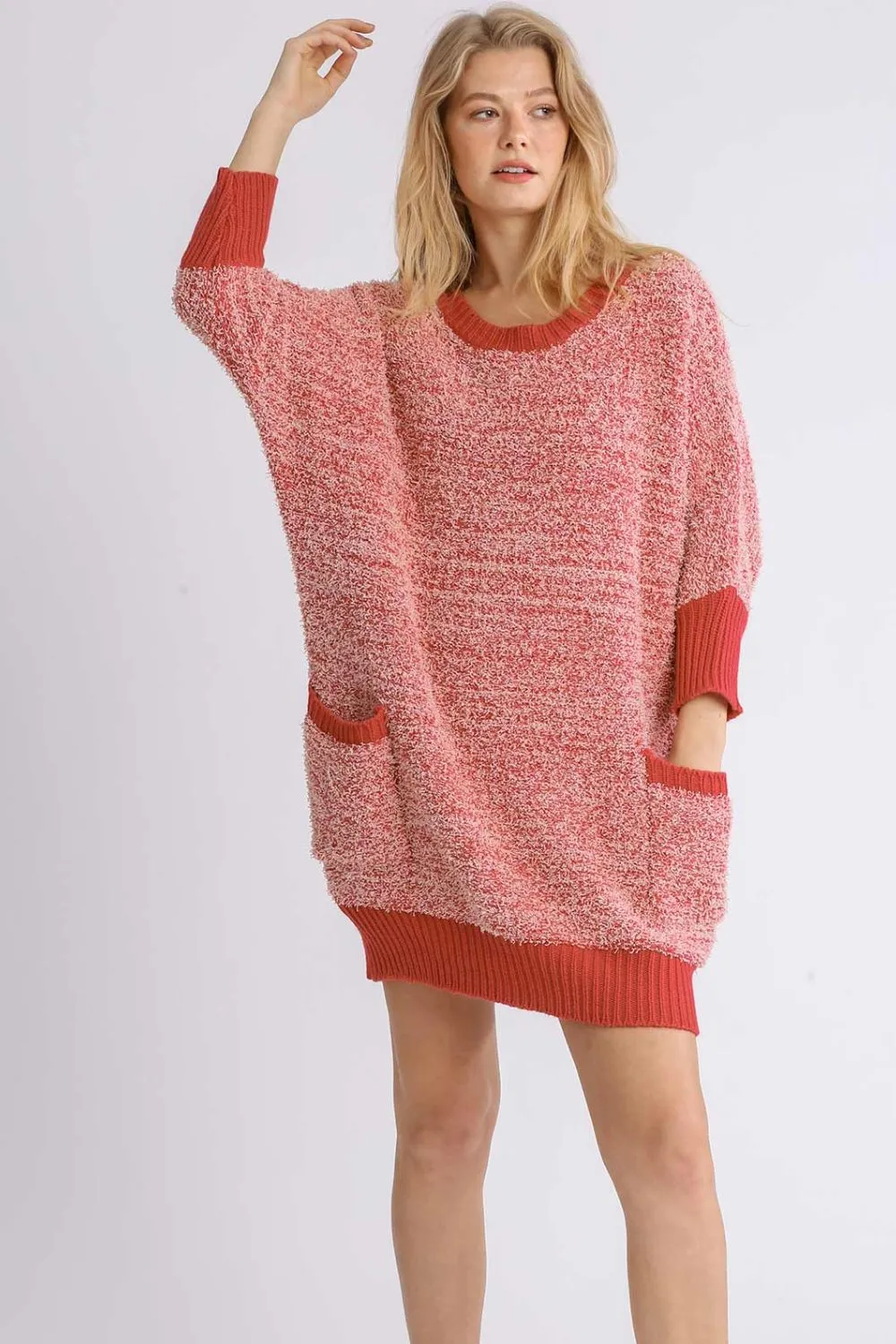 Full Size Ribbed Hem Round Neck 3/4 Sleeve Sweater Dress with Pockets Plus Size
