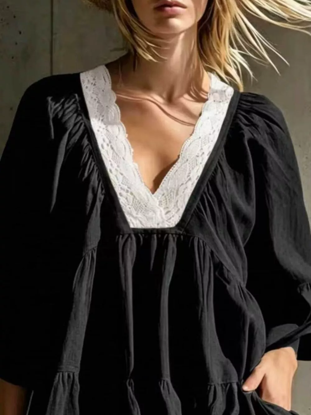 Full Size Lace Trim Puff Sleeve Mini Dress Plus Size, image 8