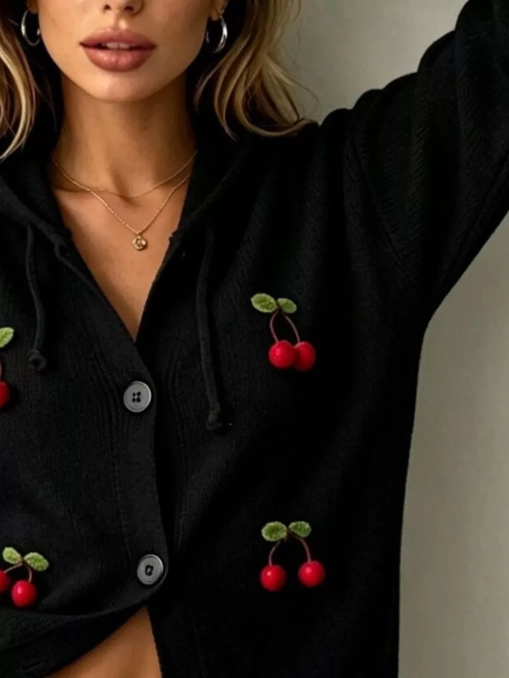 Full Size 3D Cherry Applique Hooded Cardigan Plus Size, image 4