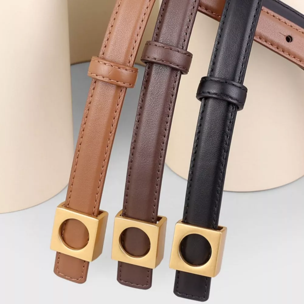 Square Buckle Skinny Leather Belt, image 3
