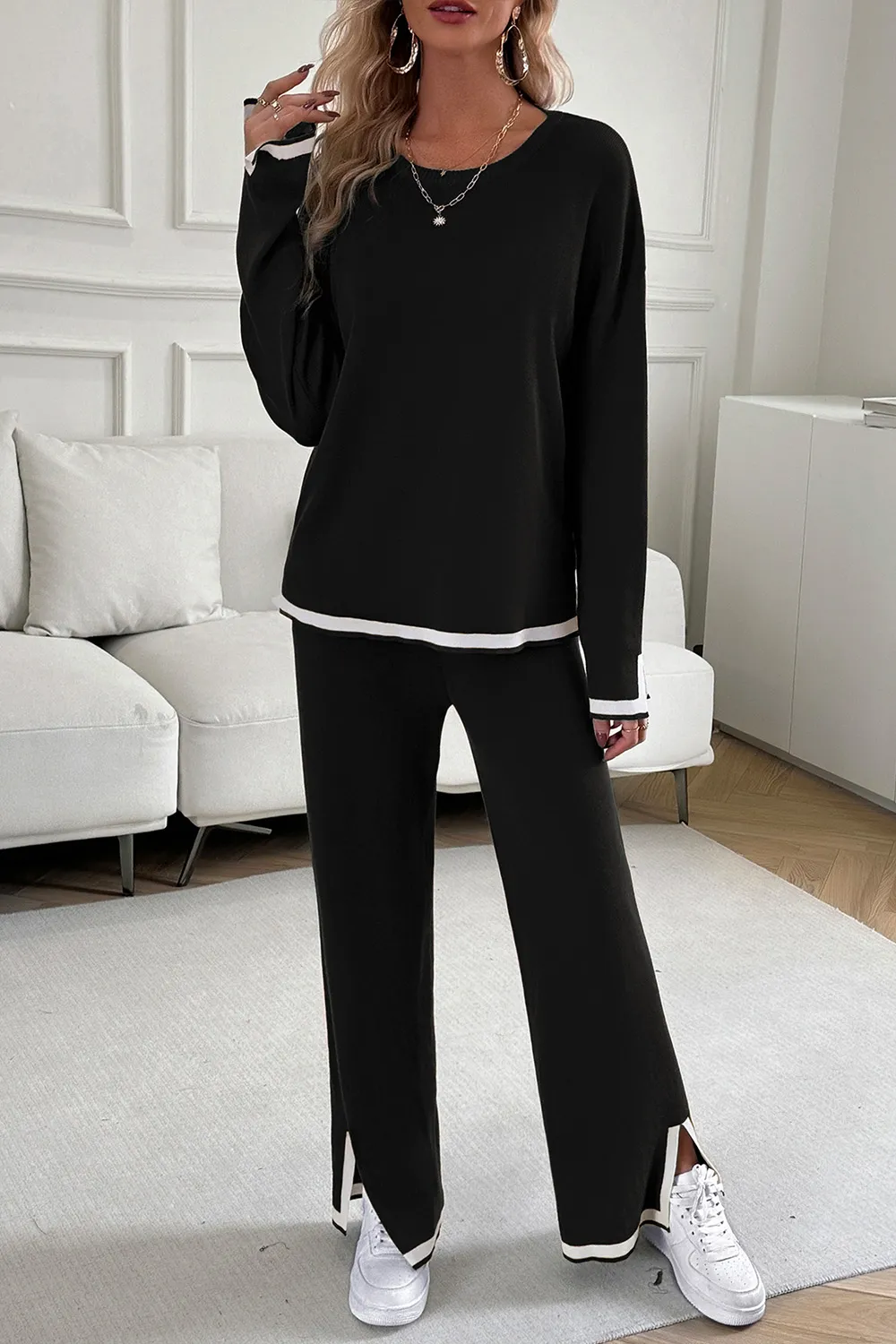 Contrast Trim Round Neck Top and Pants Set, image 5