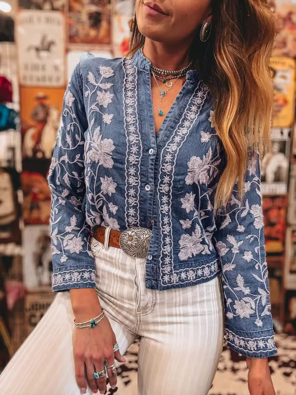 Floral Embroidered Button Up Denim Shirt, image 4