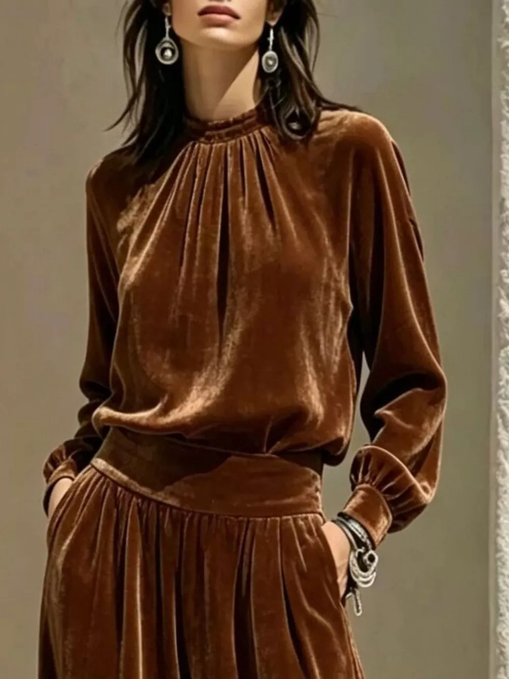 Velvet Mock Neck Long Sleeve Top and Wide-Leg Pants Set, image 9