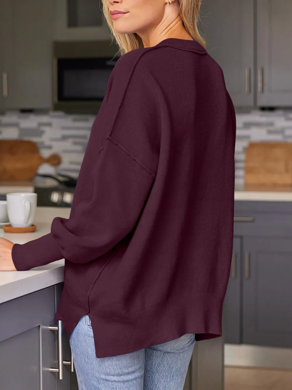 Slit Round Neck Dropped Shoulder Sweater, image 10