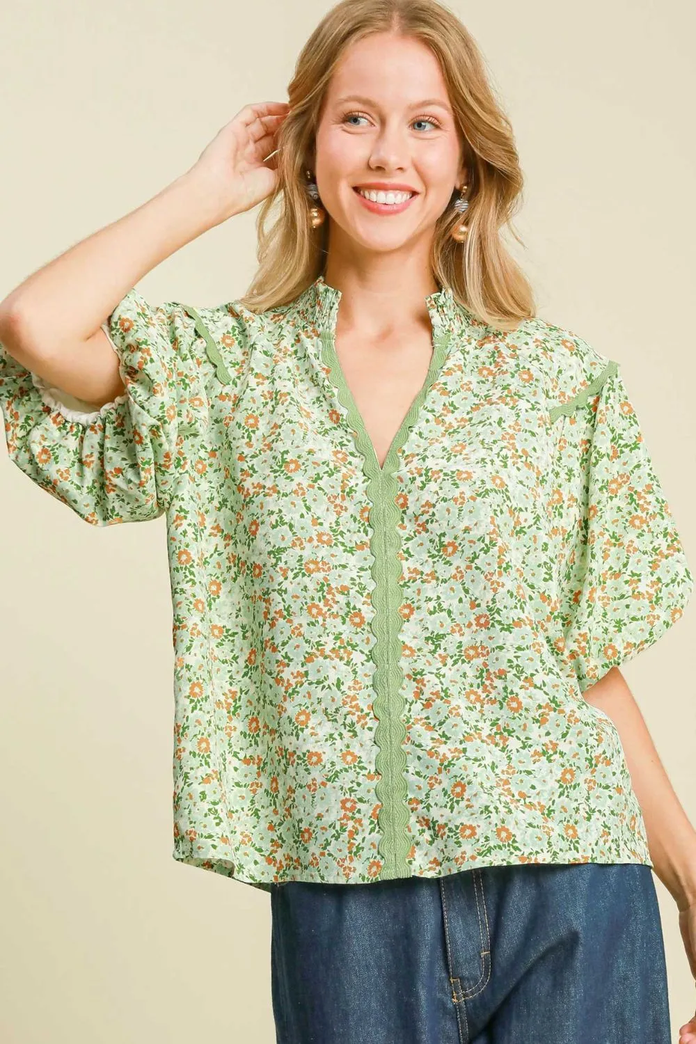 Full Size Floral Print Puff Sleeve Top Plus Size
