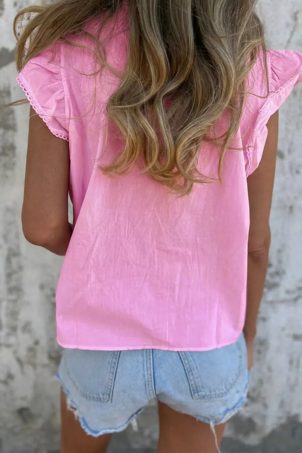Lace Detail Flutter Sleeve Pleated Round Neck Blouse, image 2