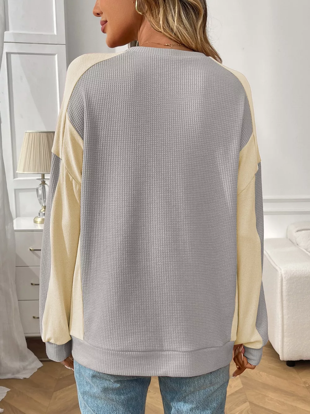 Color Block Waffle Knit Long Sleeve T-Shirt, image 10