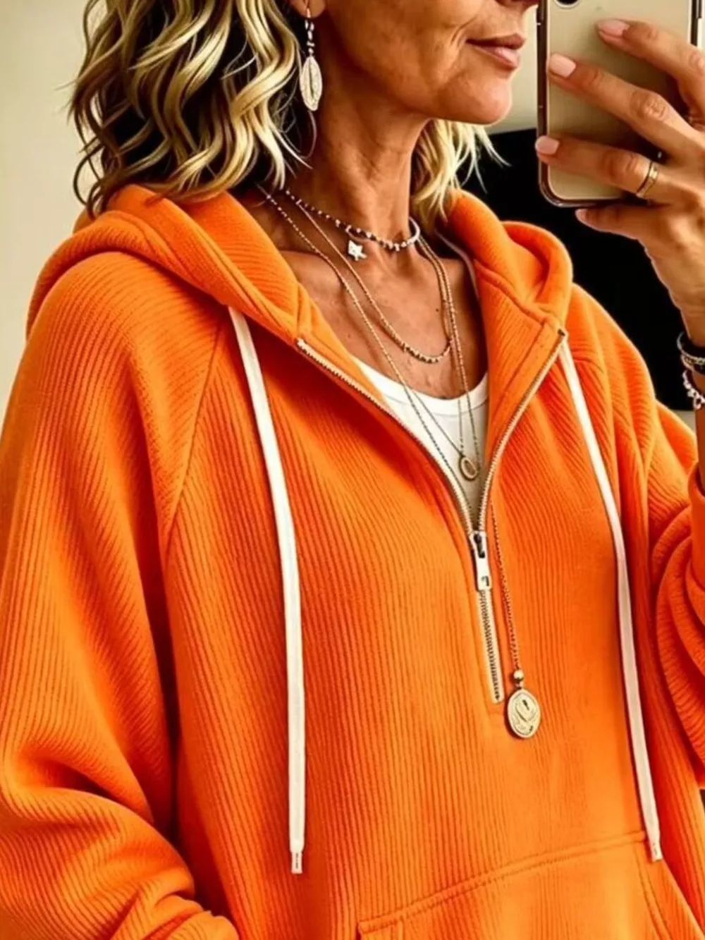 Ribbed Knit Quarter-Zip Hoodie with Kangaroo Pocket, image 3