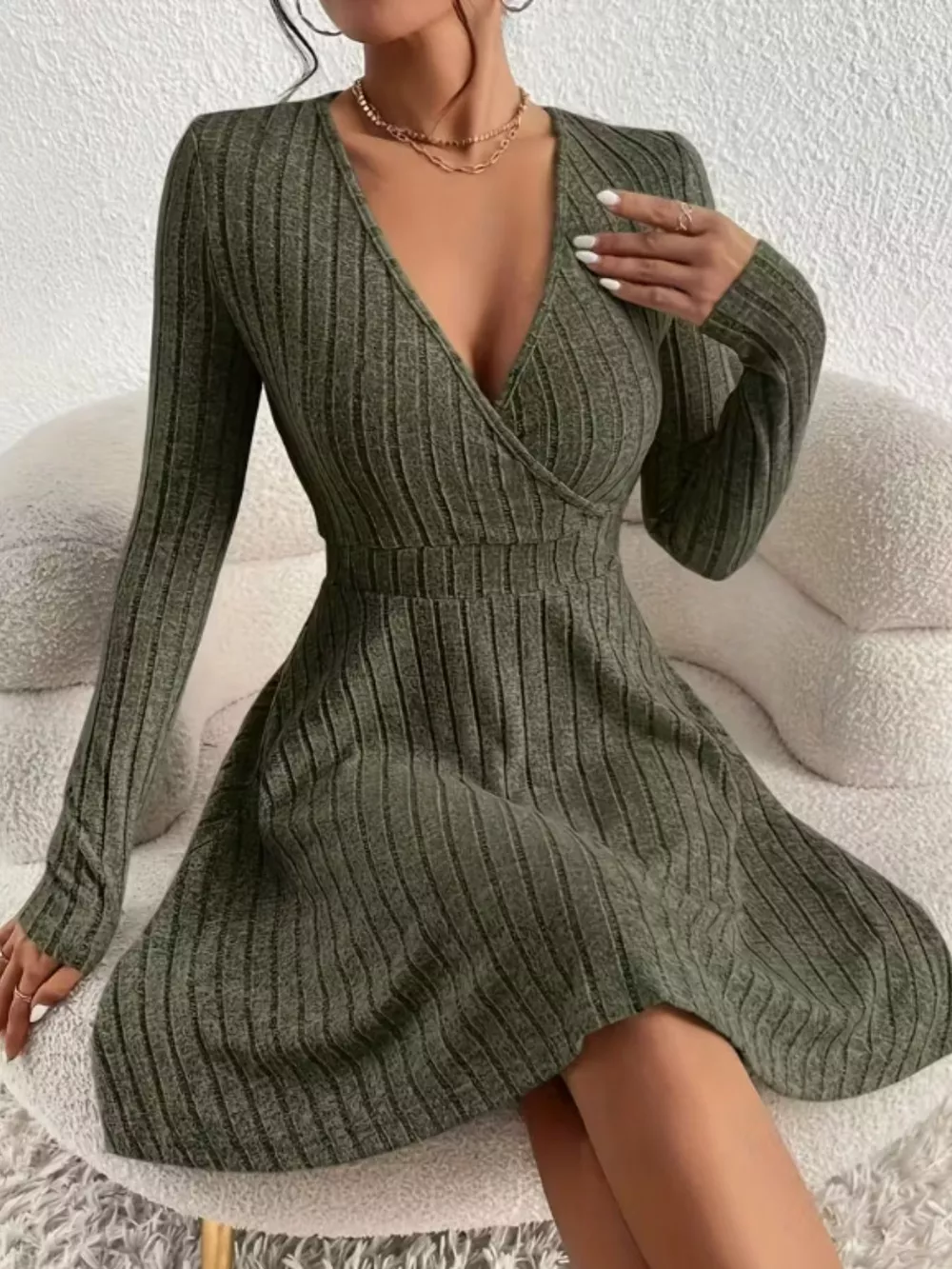 Ribbed Knit Wrap Mini Dress, image 11