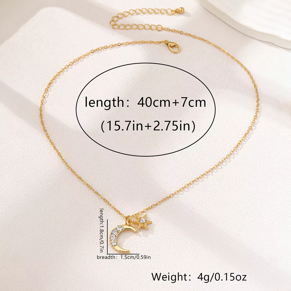 18K Gold-Plated Rhinestone Star & Moon Necklace, image 5