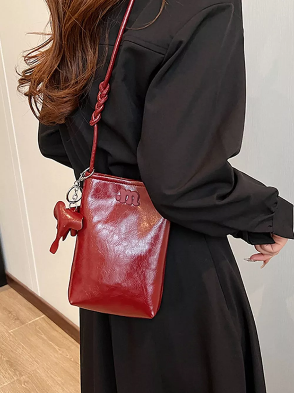 Minimalist PU Leather Crossbody Bag with Elephant Charm, image 4