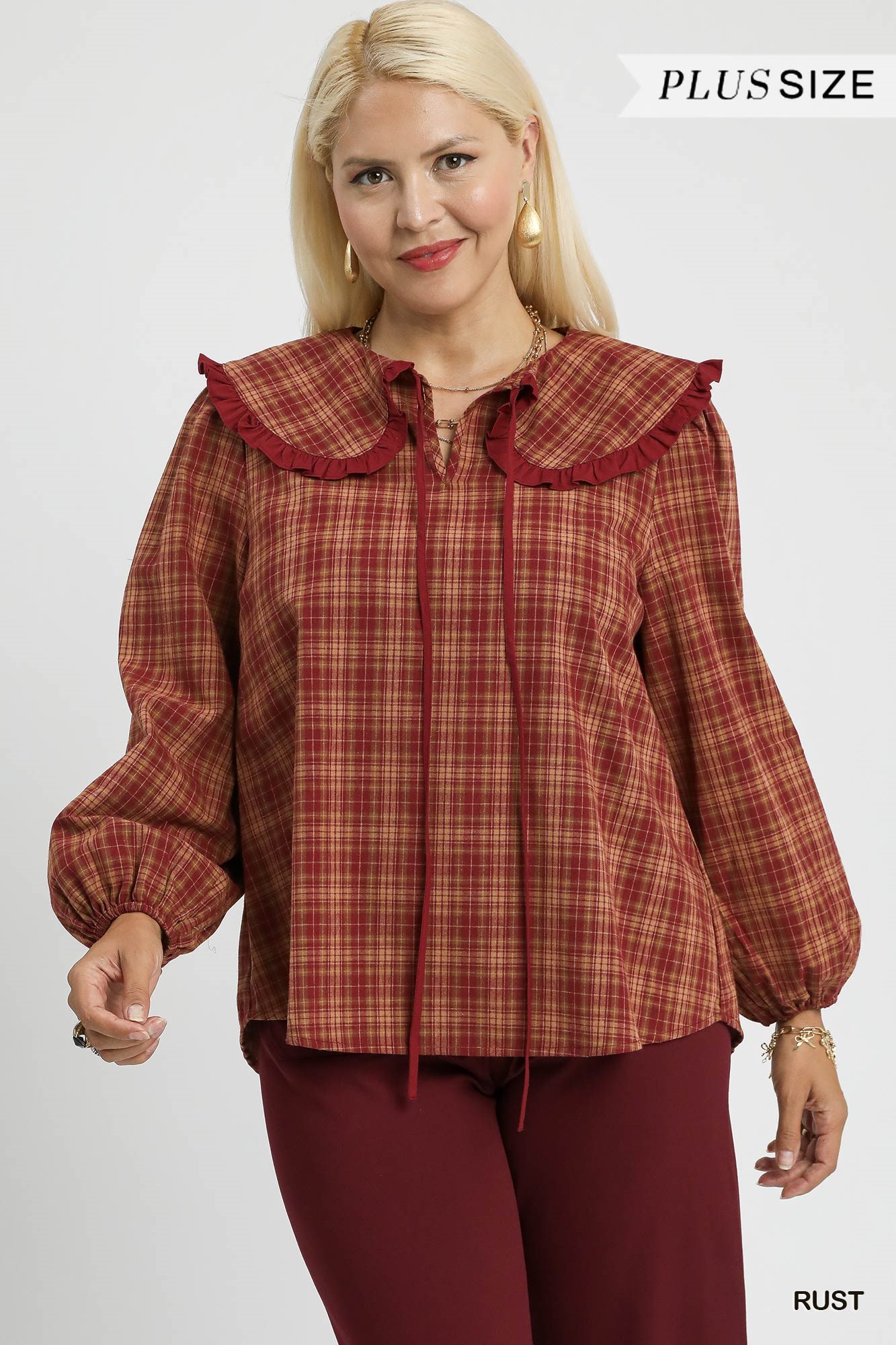 Full Size Plaid Ruffle Collar Blouse Plus Size, image 6