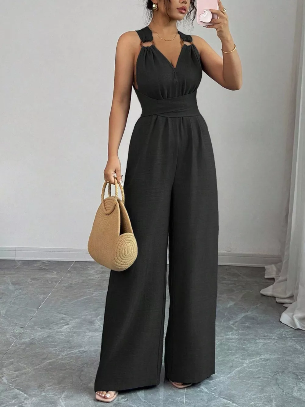 Sleeveless V-Neck Wide-Leg Jumpsuit with O-Ring Detail