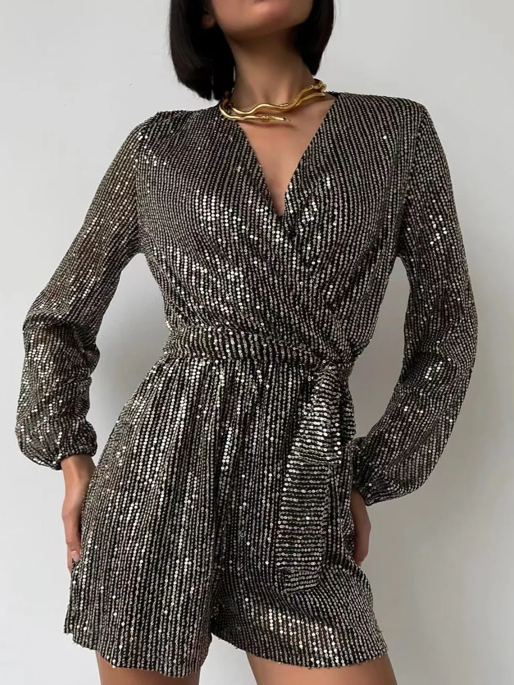 Full Size Sequin Surplice Tie Waist Long Sleeve Romper, image 7