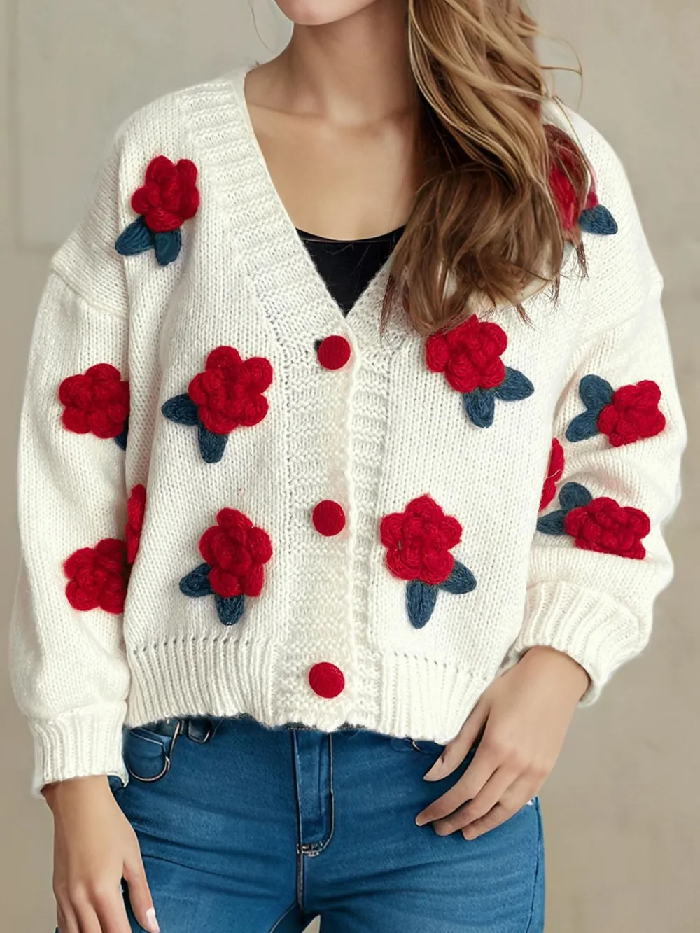Flower Button Down V-Neck Long Sleeve Cardigan, image 5