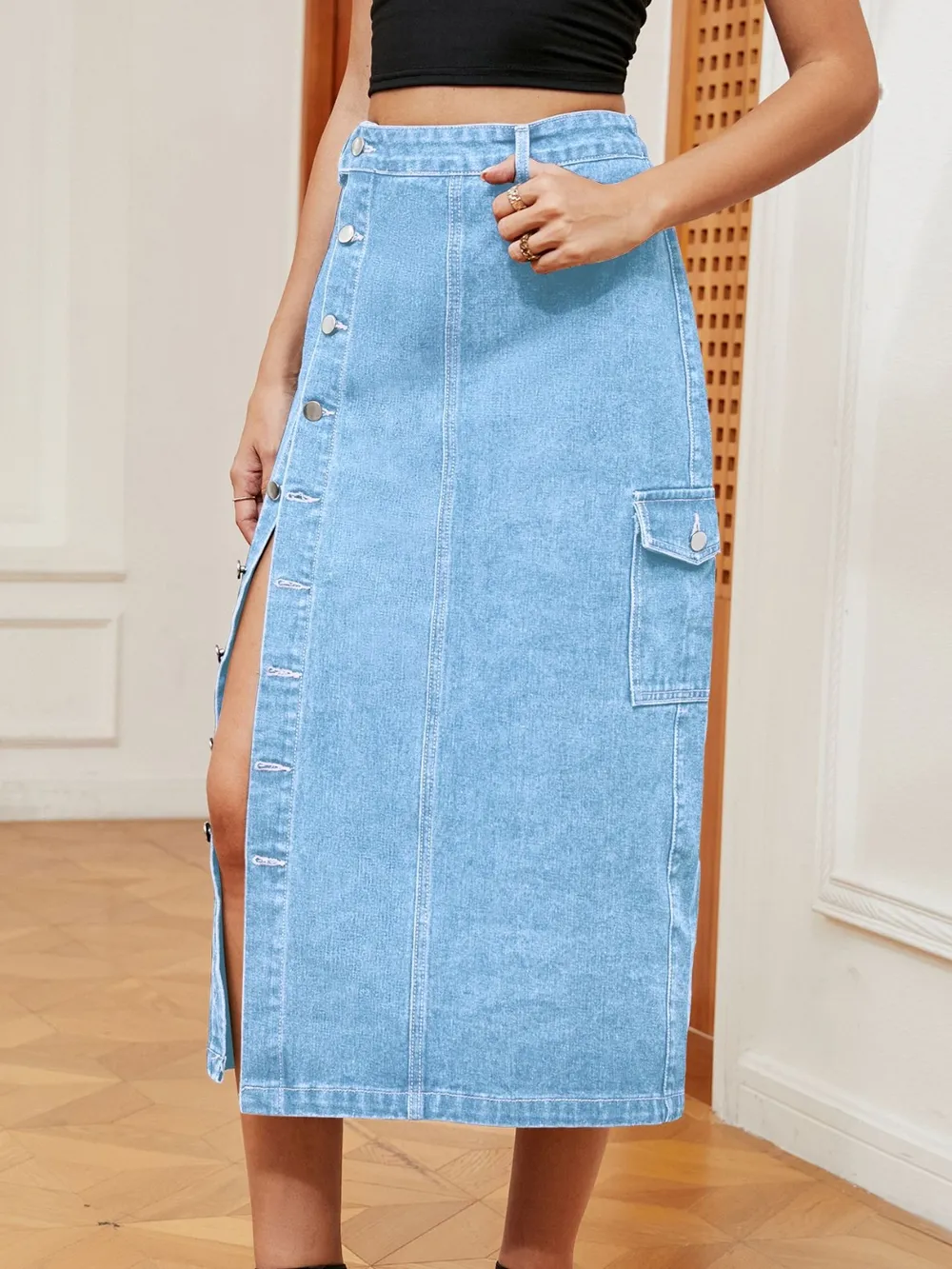 Button Down Midi Denim Skirt, image 3
