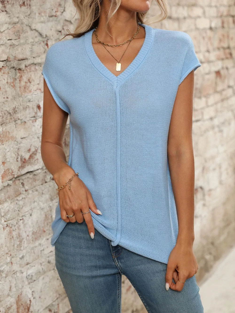 V-Neck Short Sleeve Knit Top, image 19
