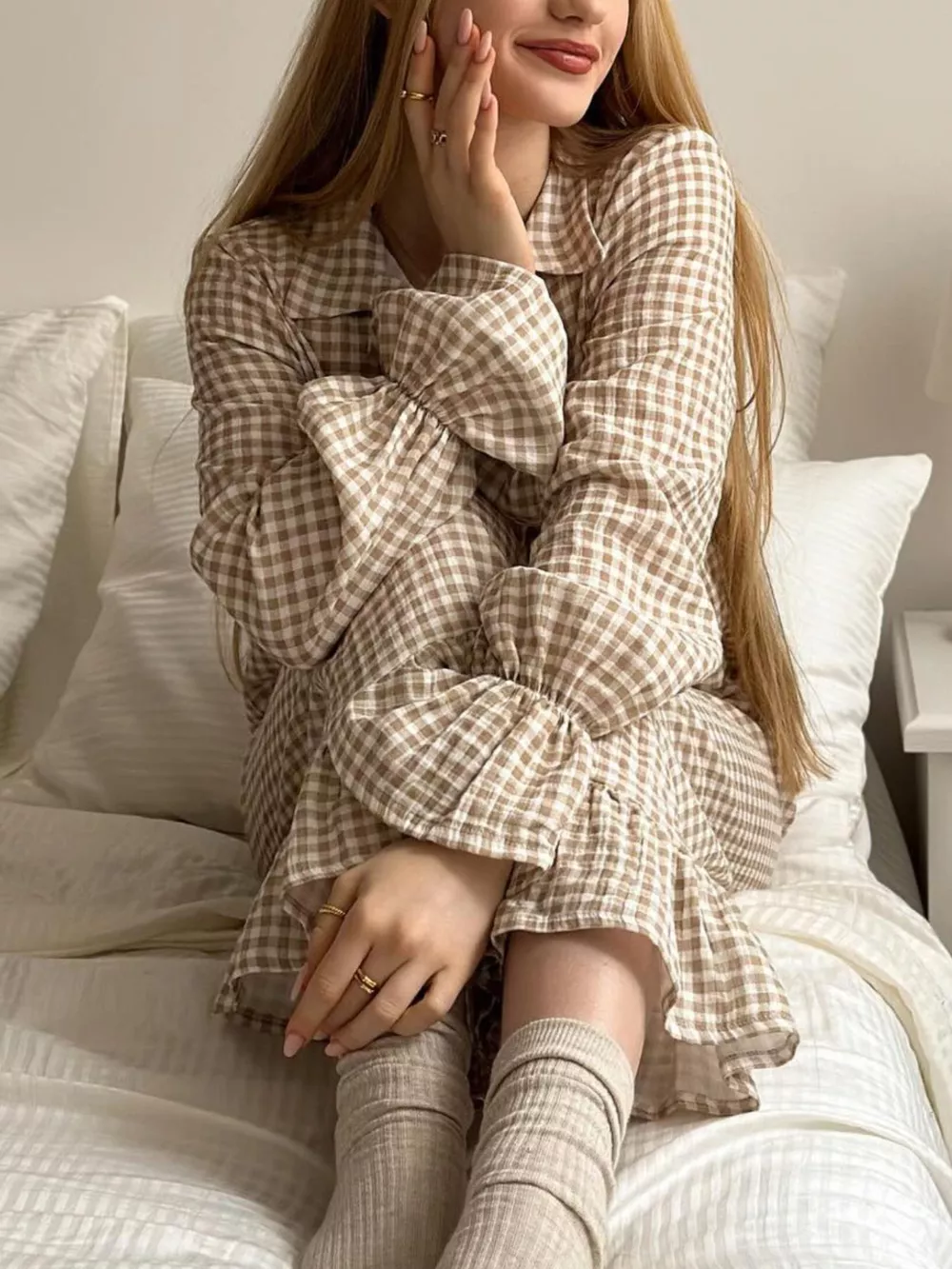 Gingham Ruffle-Trim Top and Pants Lounge Set, image 3