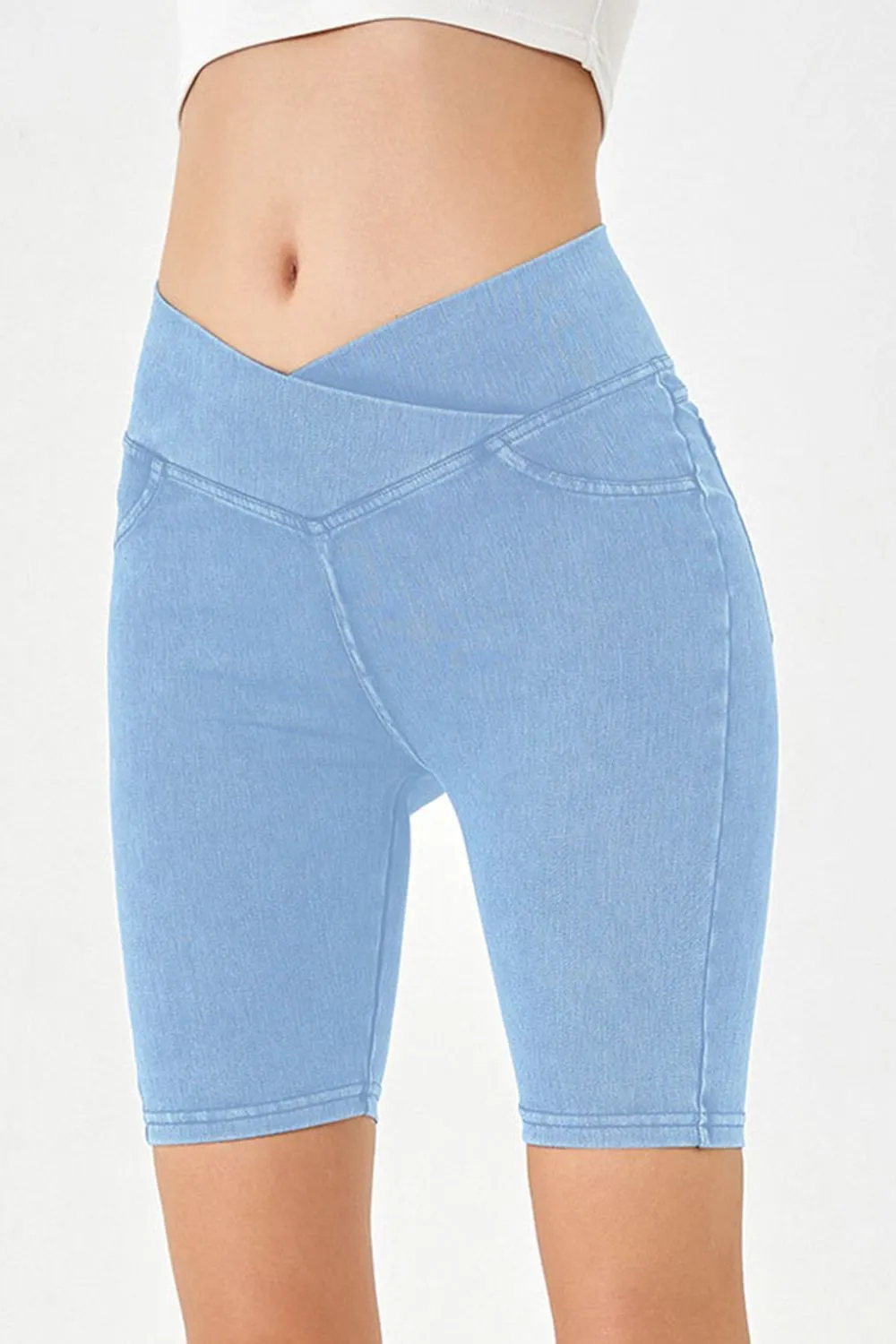Asymmetrical Waist Denim Shorts with Pockets, image 6