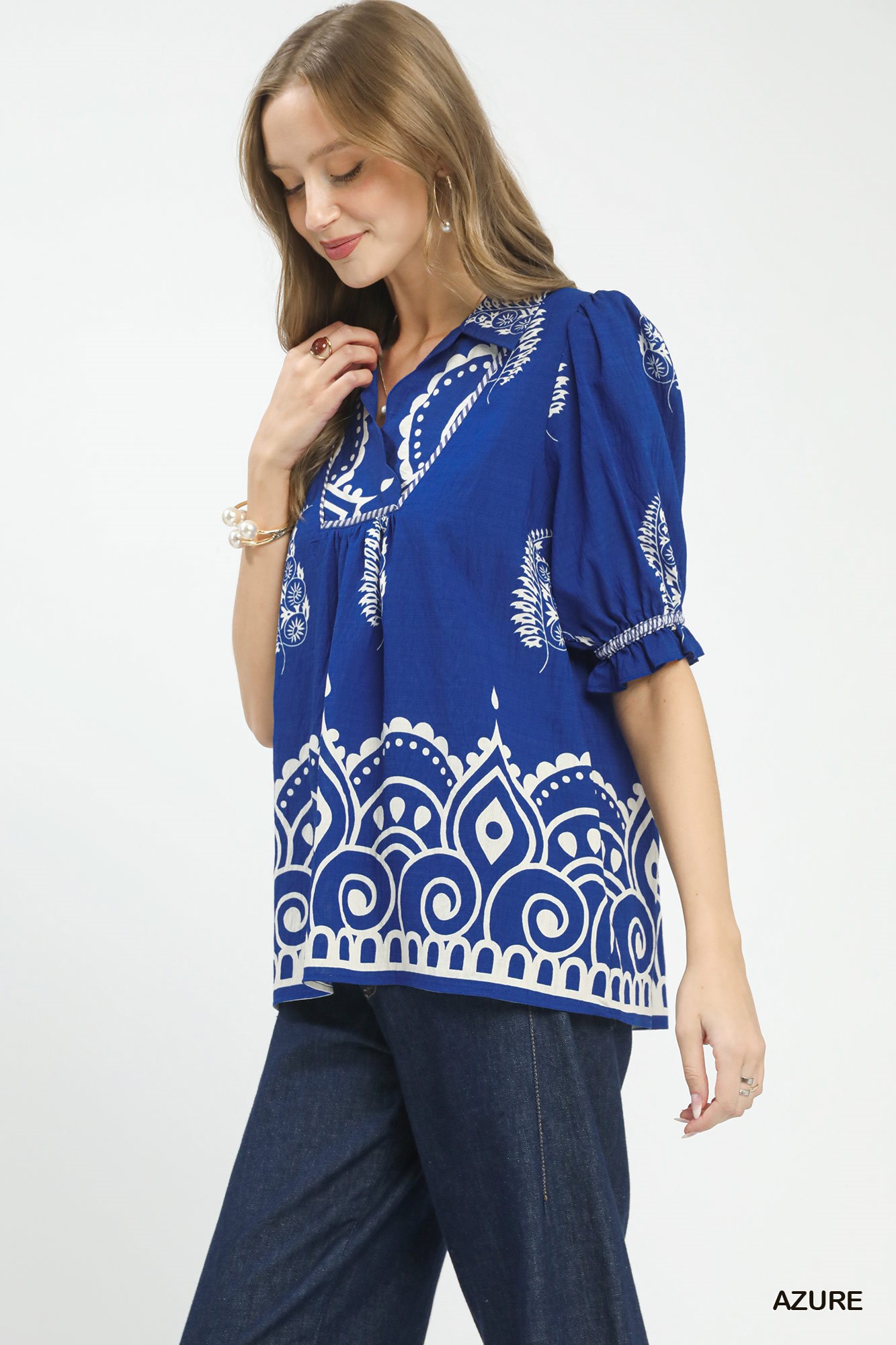 Printed Puff Sleeve Split Neck Top, image 2