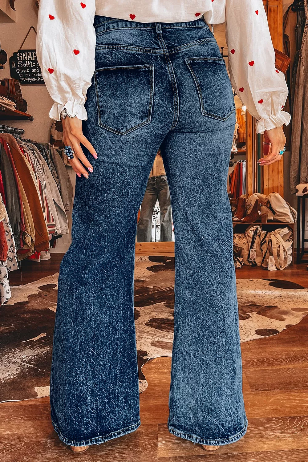 Acid Wash Pocket Detail Flare Jeans, image 4
