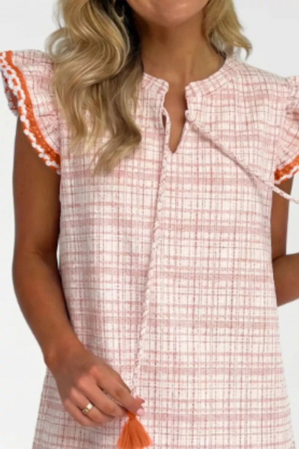 Jacquard Textured Contrast Trim Short Sleeve Tassel Tie Shift Dress, image 3