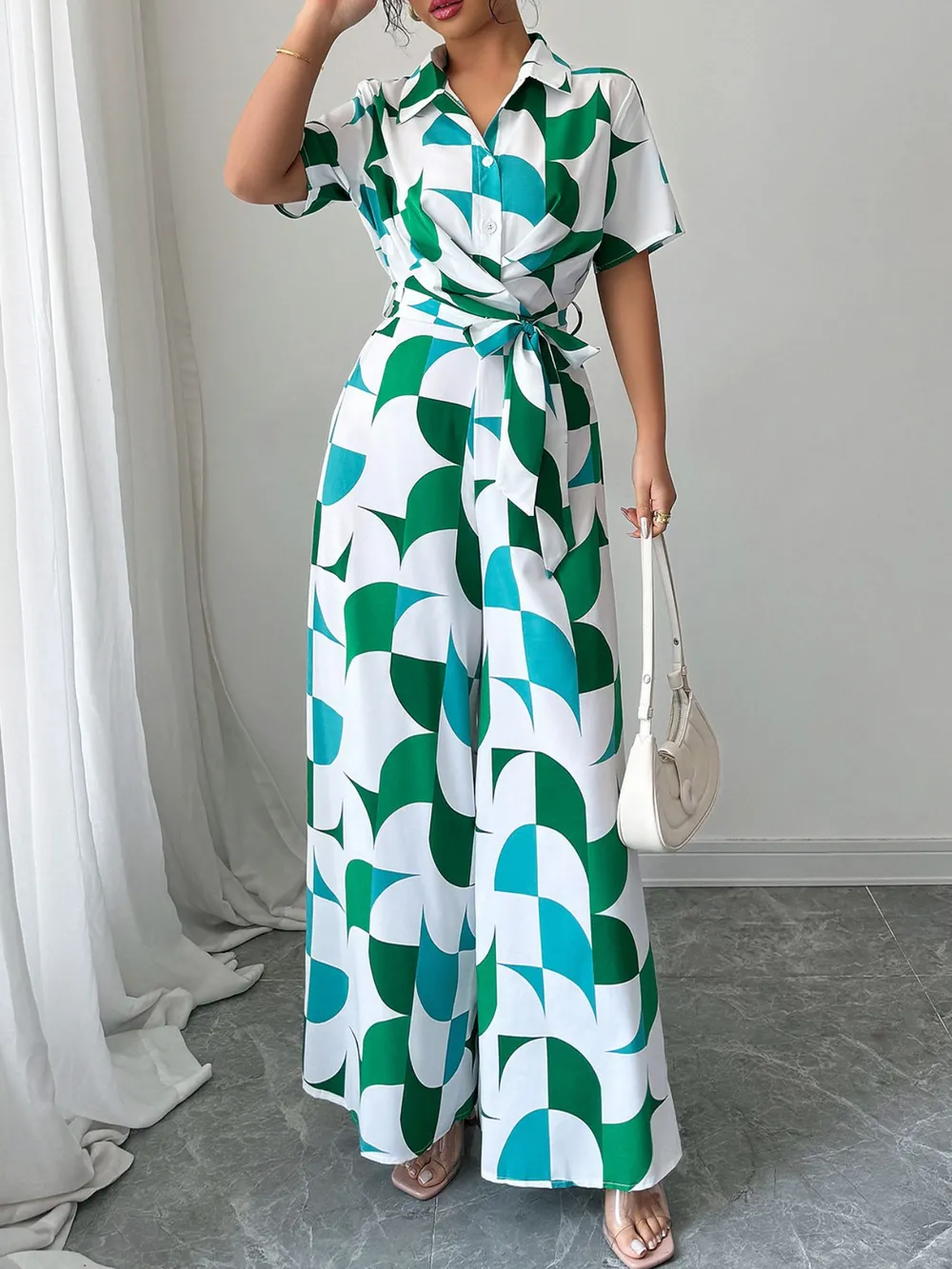 Geometric Print Belted Wide Leg Jumpsuit, image 3