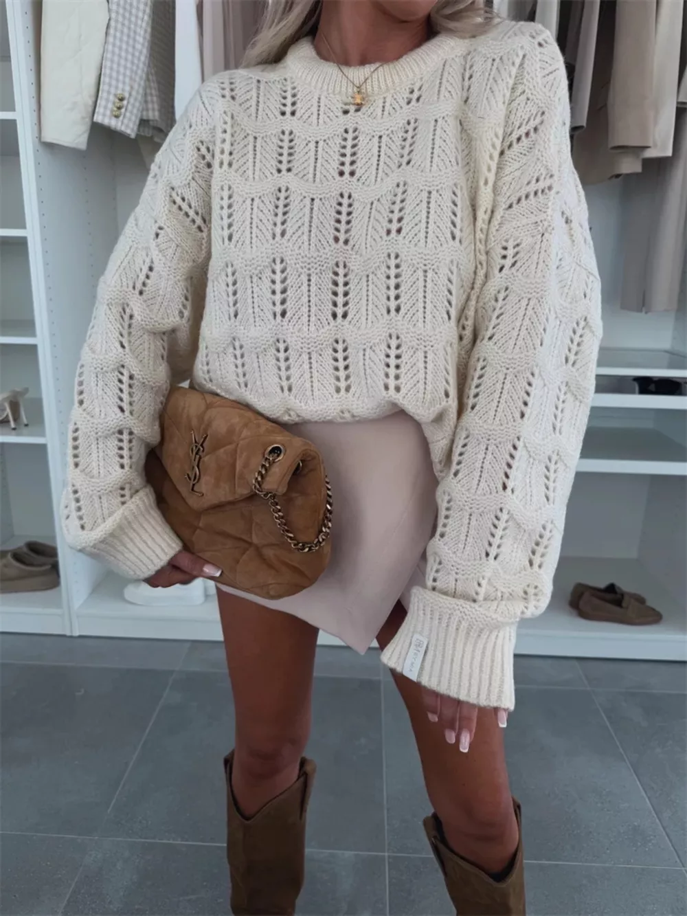 Openwork Round Neck Sweater