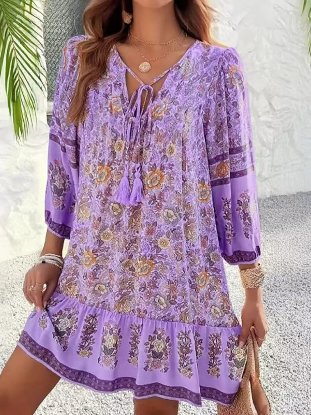 Floral Print Tassel Tie Neck Mini Dress, image 5