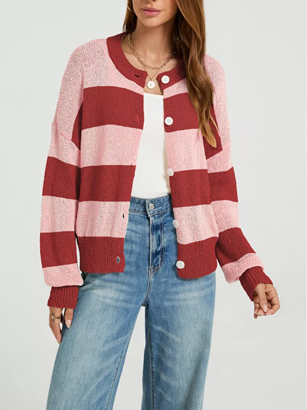 Casual Striped Button-Down Knit Cardigan, image 6