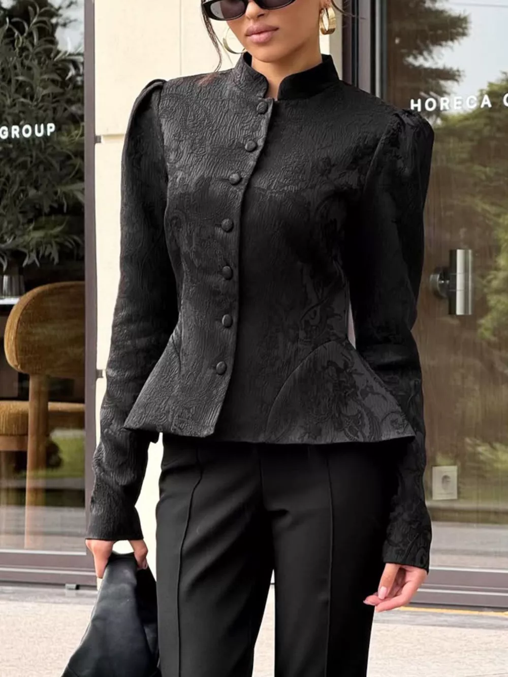 Jacquard Peplum Puff Sleeve Outerwear, image 11